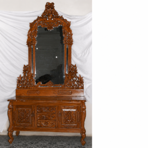 Royal Hand-Carved Solid Wood Dressing Table with Ornate Mirror & Storage Cabinet