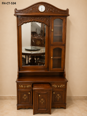 Royal Solid Wood Dressing Table with Built-in Clock & Display Cabinet