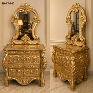 Royal Gold Finish Solid Wood Dressing Chest with Decorative Mirror