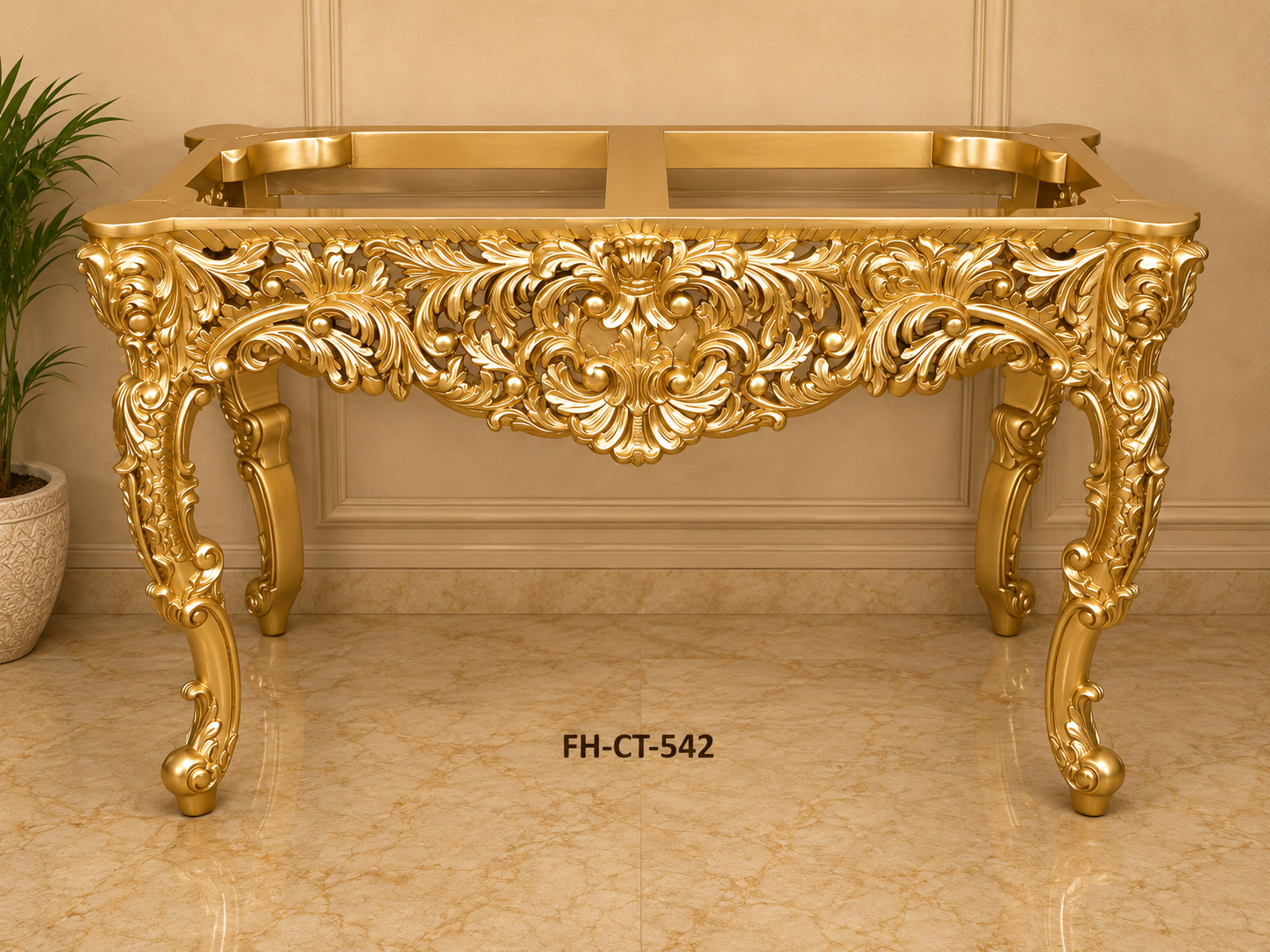 Luxury Royal Gold Console Table with Hand-Carved Floral Design