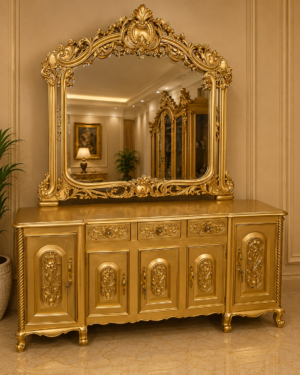Luxury Royal Gold Solid Wood Sideboard with Ornate Mirror