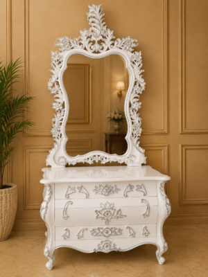 Royal White Luxury Dressing Table with Ornate Mirror