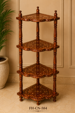 Handcrafted Wooden Corner Display Stand with Inlay Work – 4 Tier