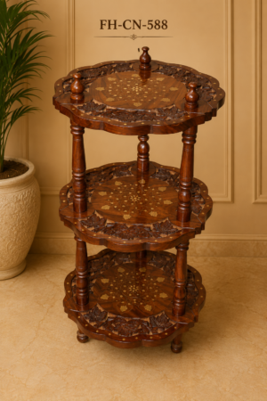 Handcrafted Wooden 3-Tier Display Stand with Floral Inlay Work