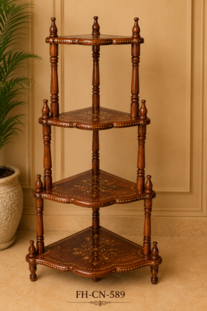 Handcrafted Wooden 4-Tier Corner Display Stand with Inlay Work