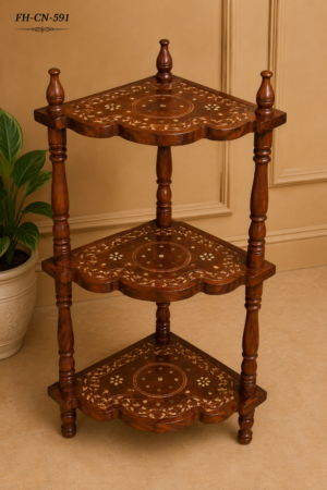 Handcrafted Wooden 3-Tier Corner Display Stand with Floral Inlay Work