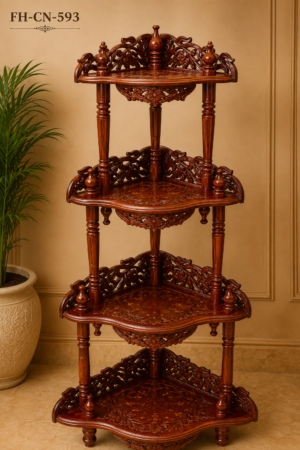 Handcrafted Wooden 4-Tier Corner Display Stand with Intricate Floral Carving
