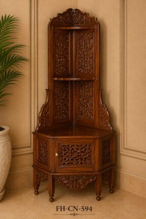 Handcrafted Wooden Corner Display Cabinet with Open Shelves & Storage