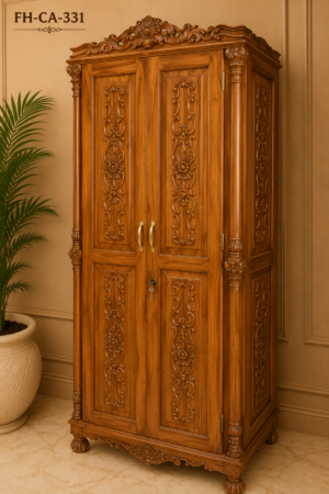 Handcrafted Solid Wood 2-Door Carved Wardrobe with Antique Finish