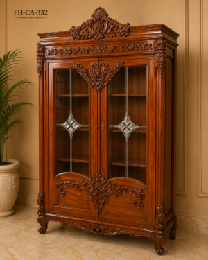 Handcrafted Solid Wood Glass Display Cabinet with Royal Carved Design