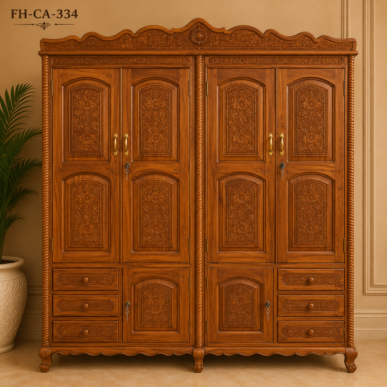 Handcrafted Solid Wood 4-Door Luxury Wardrobe with Floral Carving