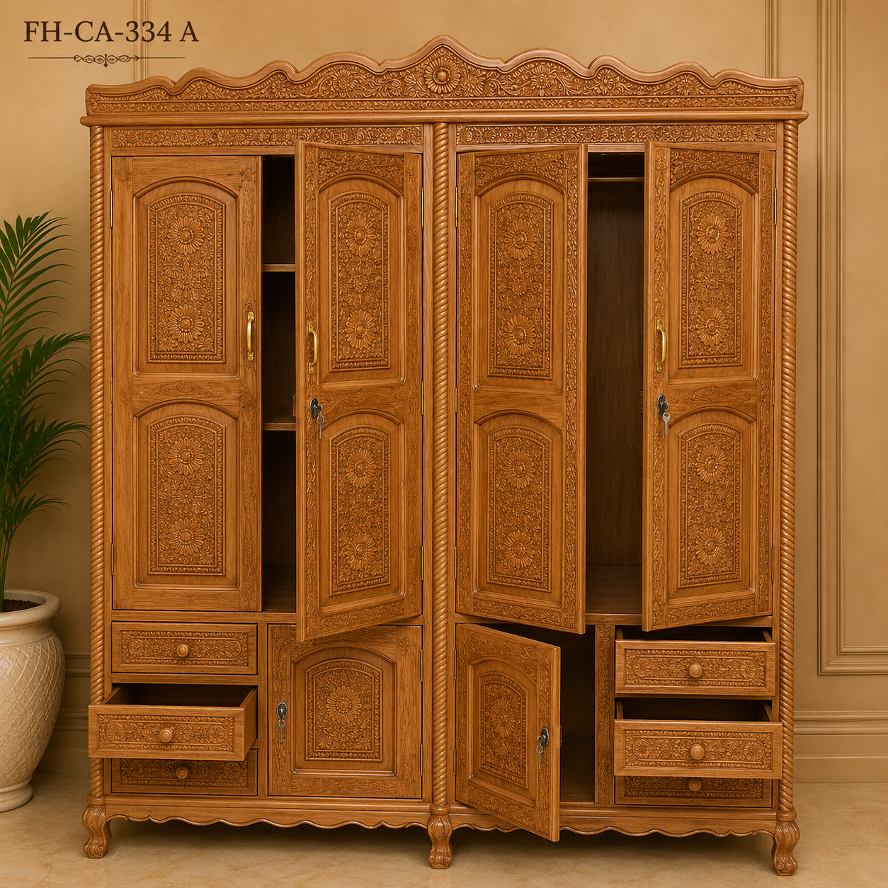 Handcrafted Solid Wood 4-Door Luxury Wardrobe with Floral Carving - Image 2