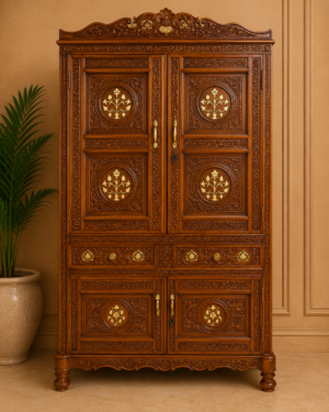Royal Hand-Carved Wooden Wardrobe with Brass Inlay | Heritage Storage Almirah