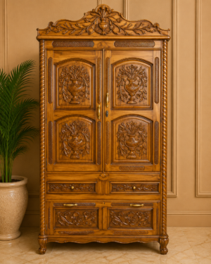 Royal Hand-Carved Solid Wood Wardrobe | Classic Heritage Almirah with Drawers