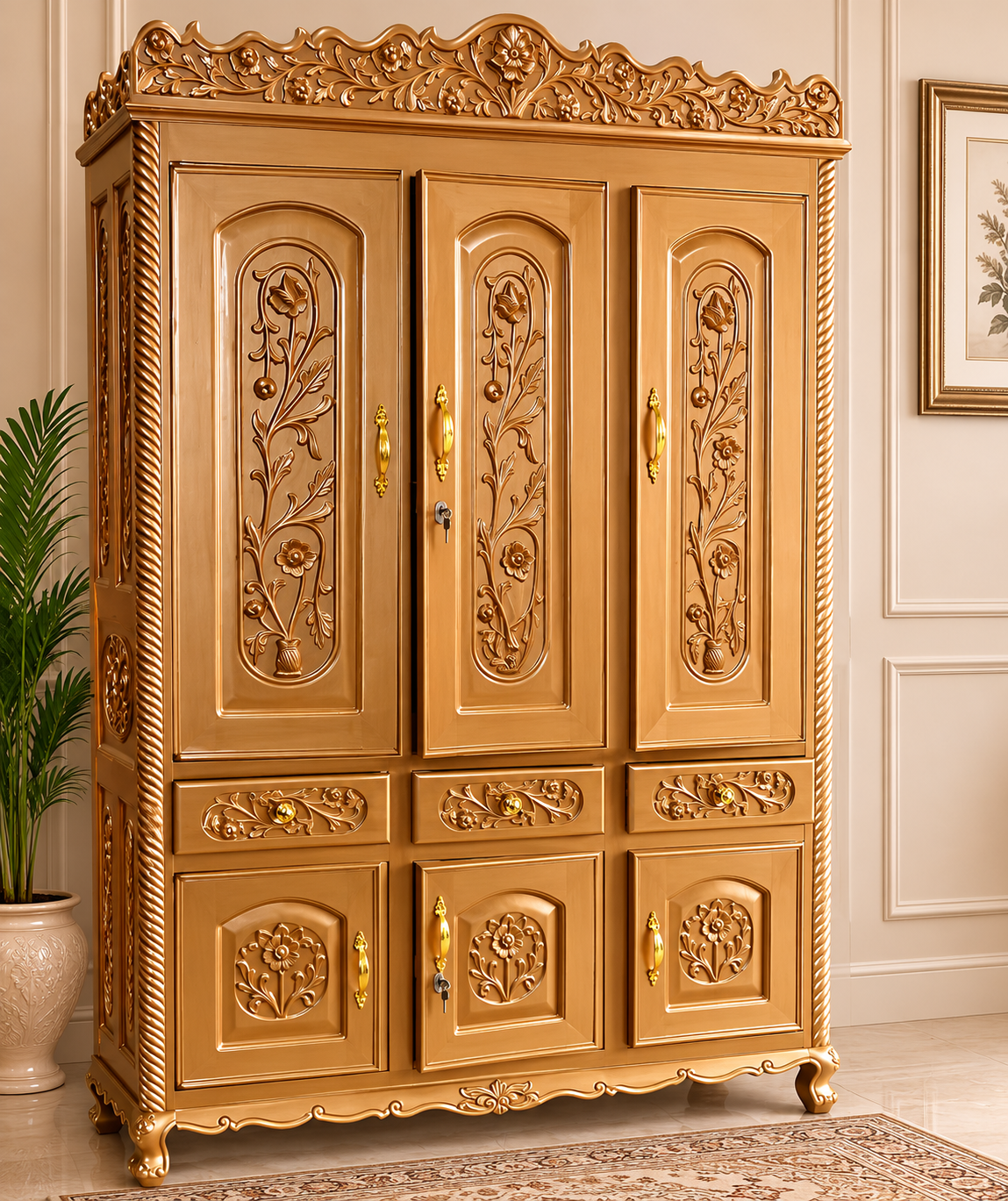 Royal Hand-Carved 3 Door Solid Wood Wardrobe | Luxury Classic Almirah with Drawers & Cabinets - Image 2