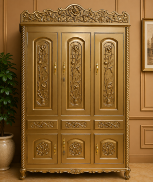 Royal Hand-Carved 3 Door Solid Wood Wardrobe | Luxury Classic Almirah with Drawers & Cabinets