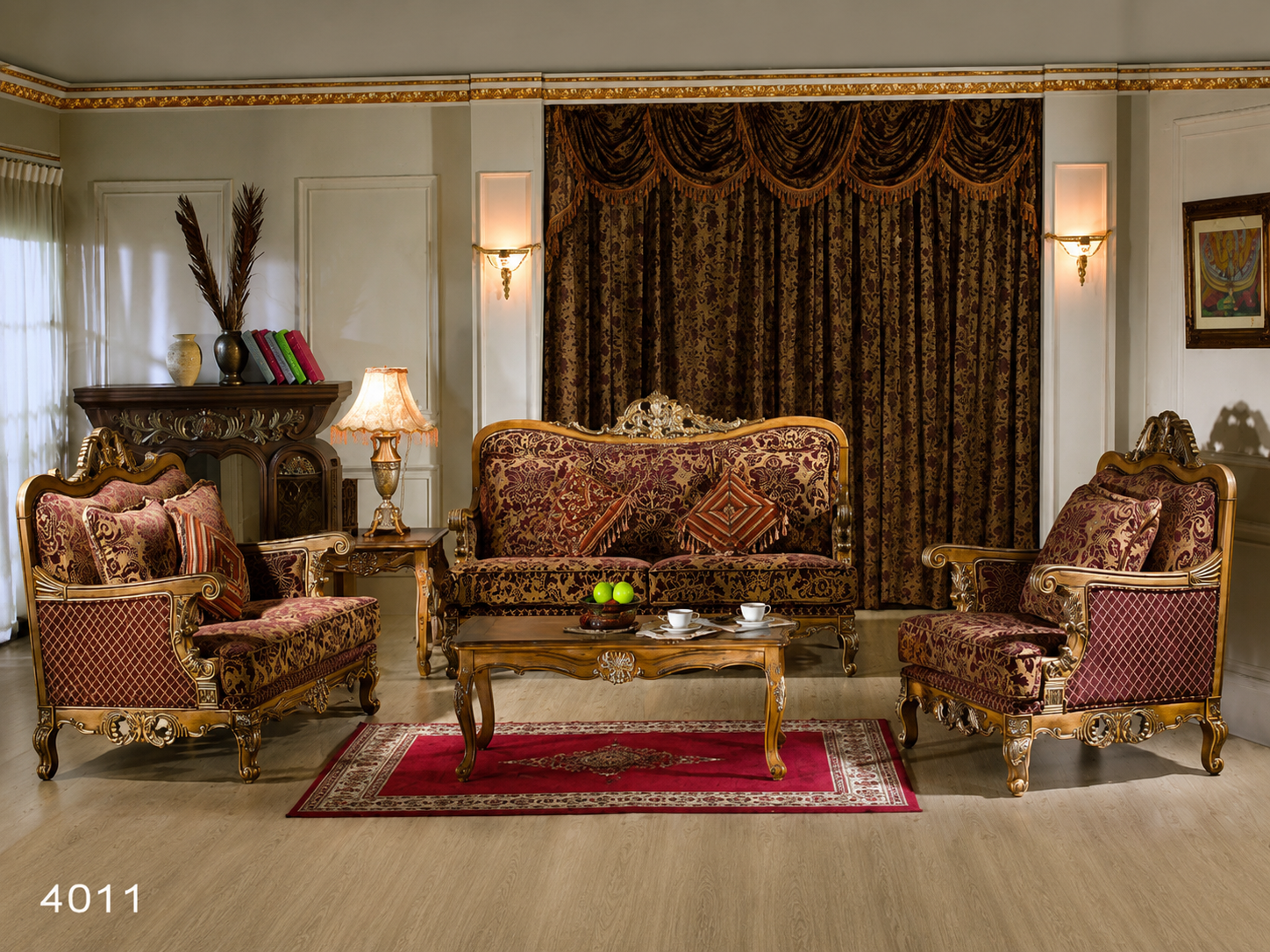 Premium solid wood sofa set with luxurious patterned upholstery, hand-carved frame, gold accents, and elegant traditional living room furniture.