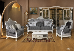 Elegant silver and white carved solid wood sofa set with premium striped upholstery, luxury accent cushions, matching coffee table, and classic living room furniture.
