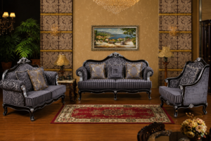 Luxury grey velvet sofa set with black carved wooden frame, premium classic living room furniture, elegant traditional design, and plush seating.