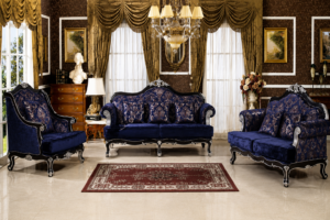 Luxury royal blue velvet sofa set with silver carved wooden frame, classic living room furniture, elegant traditional sofa collection.