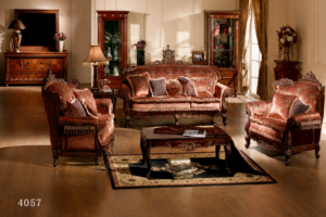 Luxury classic sofa set with rich burgundy velvet upholstery, carved solid wood frame, elegant traditional living room furniture with premium craftsmanship.