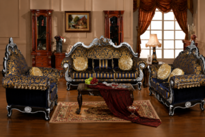 Luxury royal blue and gold velvet sofa set with silver carved wooden frame, classic European living room furniture, premium handcrafted sofa collection.