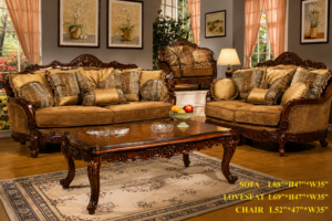 Luxury brown upholstered sofa set with hand-carved solid wood frame, classic European living room furniture, premium traditional seating collection.