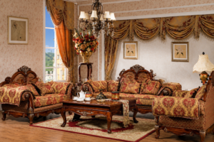 Luxury floral upholstered sofa set with carved solid wood frame, classic European living room furniture, premium traditional seating collection.