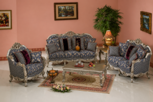 Luxury silver-blue floral upholstered sofa set with ornate carved wooden frame, classic European living room furniture, premium handcrafted seating collection.