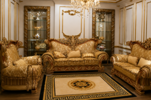 Luxury gold upholstered carved wooden sofa set with ornate scroll arms, classic European-style living room furniture, handcrafted premium seating collection.