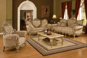 Luxury tufted beige sofa set with intricately carved solid wood frame, classic European-style living room furniture, and elegant marble-top coffee table.