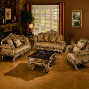 Luxury silver carved wooden sofa set with premium floral upholstery, ornate marble-top coffee table, and elegant European-style living room furniture.