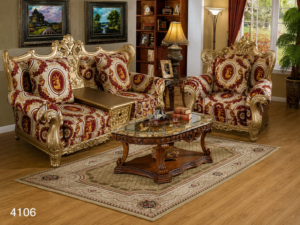 Luxury carved loveseat and armchair set with ornate silver-gold finished wooden frame, premium patterned upholstery, matching side console, and glass-top coffee table.
