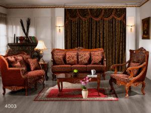Luxury solid wood living room sofa set with handcrafted carvings, rich walnut finish, premium maroon jacquard upholstery, and classic traditional design.