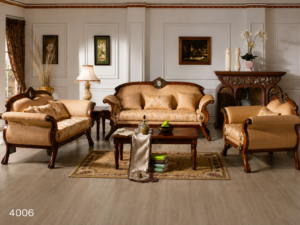 Traditional solid wood sofa set with warm beige upholstery, handcrafted wooden frame, elegant curved armrests, and premium classic living room design.