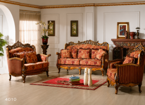 Luxury carved solid wood sofa set with premium floral upholstery, ornate handcrafted frame, and classic traditional living room furniture.
