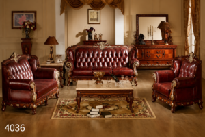 Luxury Chesterfield sofa set featuring premium burgundy leather upholstery, deep button tufting, handcrafted solid wood frame with ornate carvings, and timeless European-inspired elegance.