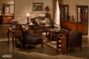 Elegant wooden sofa set featuring a rich walnut finish, premium upholstered cushions, handcrafted carved detailing, and timeless classic styling. Perfect for luxury living rooms, formal lounges, and sophisticated interiors.