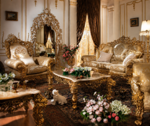 A royal luxury sofa set featuring an intricately carved solid wood frame, premium patterned upholstery, elegant curved armrests, and a grand classic European design. Perfectly crafted to add timeless elegance and sophistication to premium living spaces.