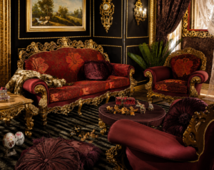 A luxurious vintage-inspired sofa set featuring rich burgundy patterned upholstery, an intricately carved solid wood frame, elegant curved armrests, and ornate golden detailing. Designed with classic European royal aesthetics, this sofa set adds grandeur and sophistication to premium interiors.