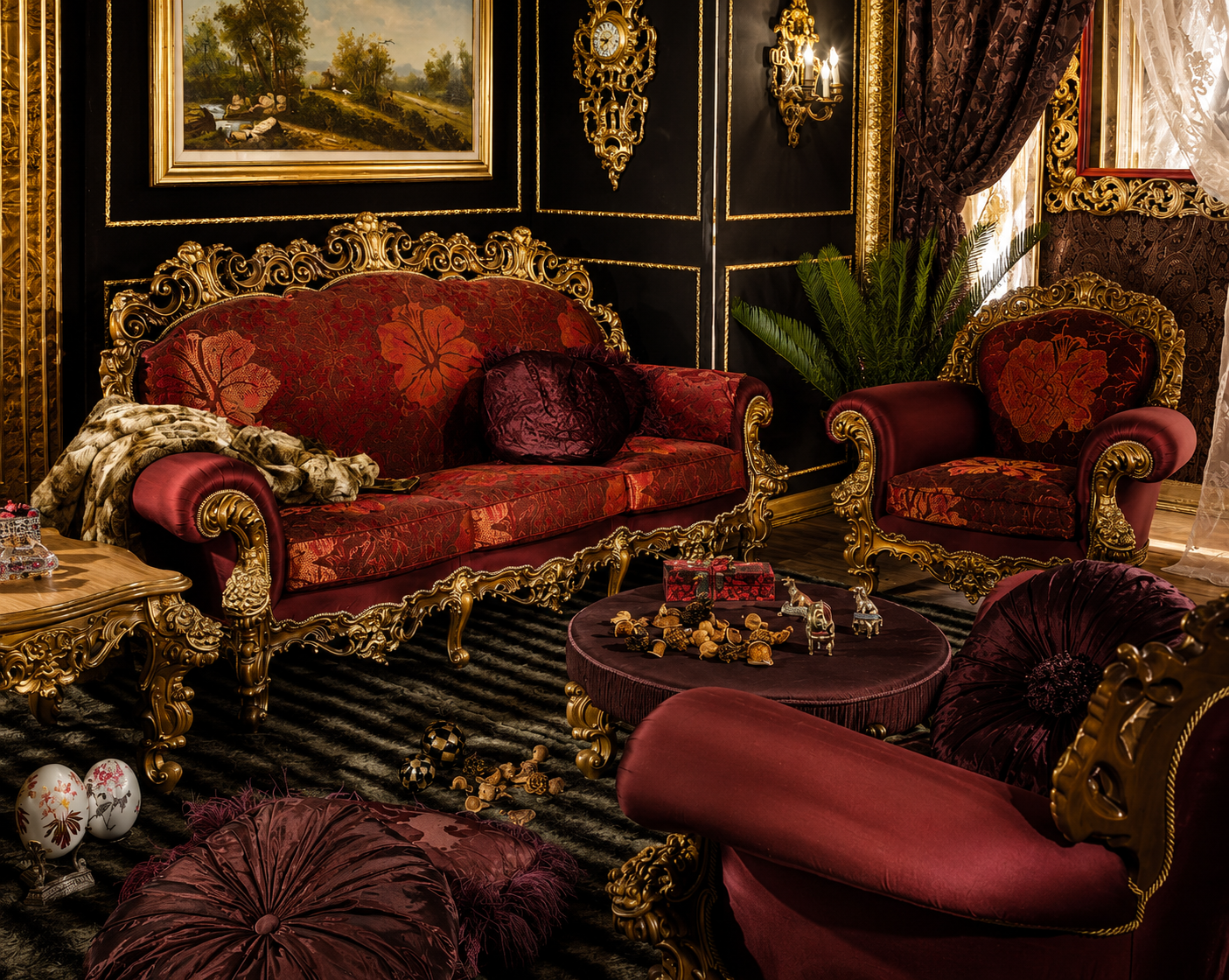 A luxurious vintage-inspired sofa set featuring rich burgundy patterned upholstery, an intricately carved solid wood frame, elegant curved armrests, and ornate golden detailing. Designed with classic European royal aesthetics, this sofa set adds grandeur and sophistication to premium interiors.