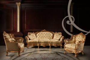Luxury carved gold sofa set with cream tufted upholstery, ornate European-style handcrafted wooden frame, and classic royal living room furniture.