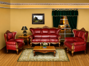 Premium handcrafted luxury leather sofa set featuring a solid wood carved frame, rich crimson leather upholstery, elegant rolled arms, and timeless European-inspired craftsmanship.