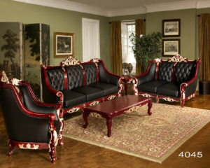 Elegant luxury sofa set featuring premium black leather upholstery, deep button tufting, handcrafted solid wood frame with rich mahogany finish, and classic European-style carvings.
