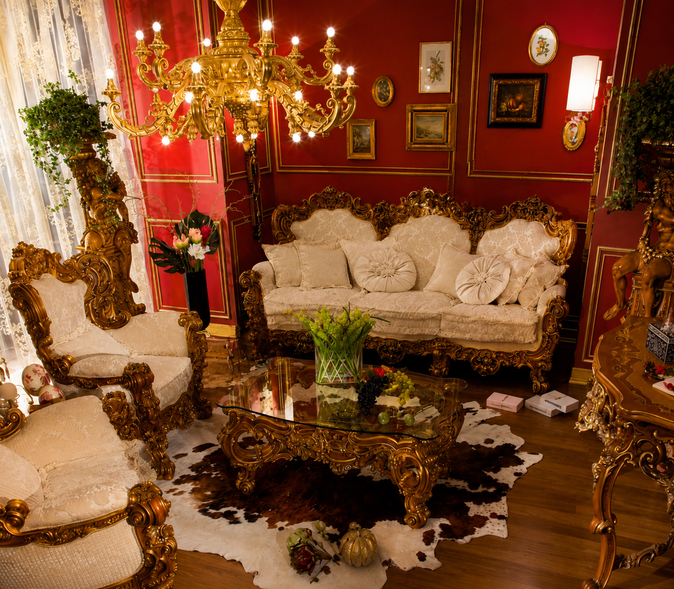 An opulent Baroque-inspired sofa set featuring a handcrafted solid wood frame, luxurious ivory fabric upholstery, intricate gold-finished carvings, and elegant European styling. Designed to create a grand statement in luxury living rooms, villas, palaces, and premium hospitality interiors.
