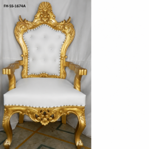 A luxurious handcrafted throne-style accent chair featuring an ornate gold-finished carved wooden frame, premium white upholstered seating, crystal-tufted backrest, and elegant nailhead trim. Designed to bring royal elegance to luxury interiors, weddings, hotels, and VIP seating areas.