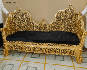 A luxurious handcrafted three-seater sofa featuring an intricately carved solid wood frame with an antique gold finish, elegant silver-grey floral upholstery, and classic European-inspired detailing. Designed to add sophistication and timeless beauty to luxury homes, hotels, villas, and premium lounge spaces.