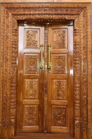 Royal Hand-Carved Wooden Double Door with Ornate Frame