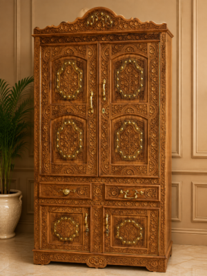 Royal Heritage Hand-Carved Solid Wood Wardrobe | Premium Wooden Almirah with Drawers & Storage