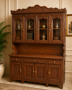 Royal Hand-Carved Solid Wood Kitchen Hutch | Luxury Crockery Cabinet with Glass Display